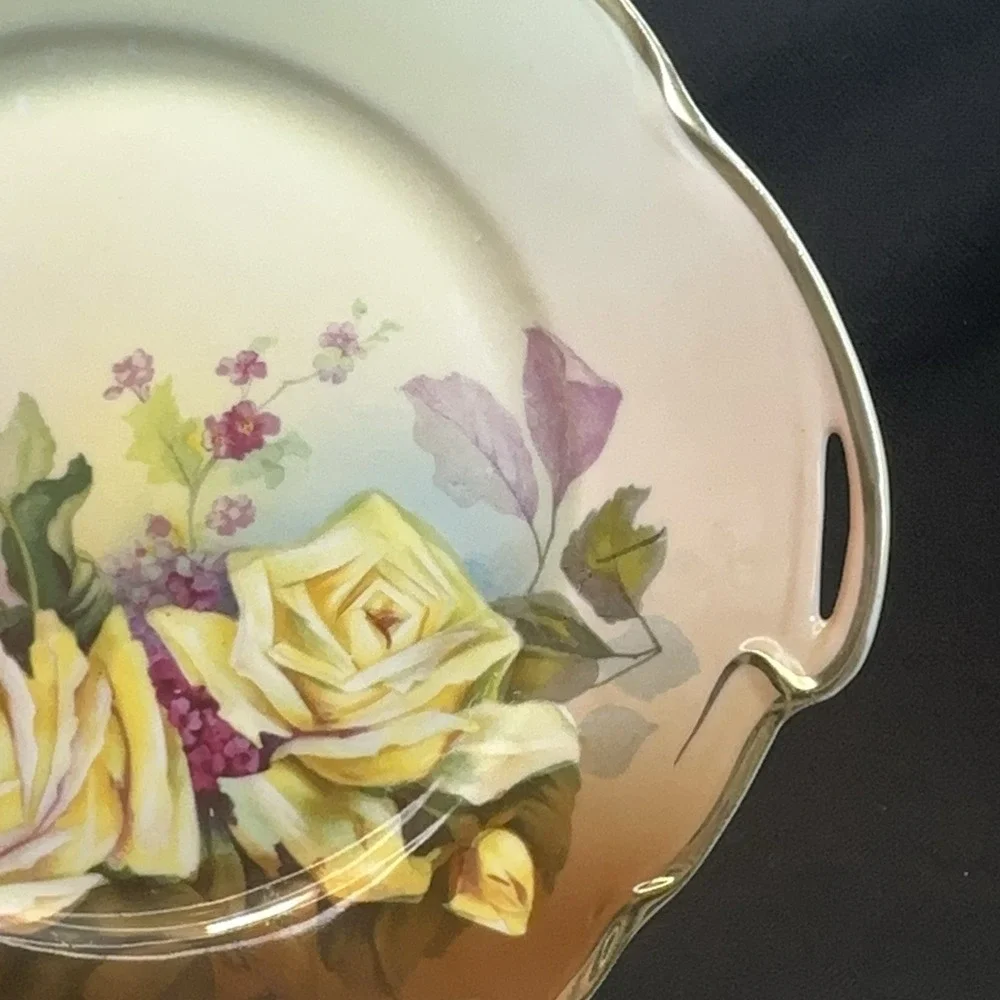 Antique‎ J&G Louise Bavaria Hand Painted Yellow Roses Cake Plate Signed Handled